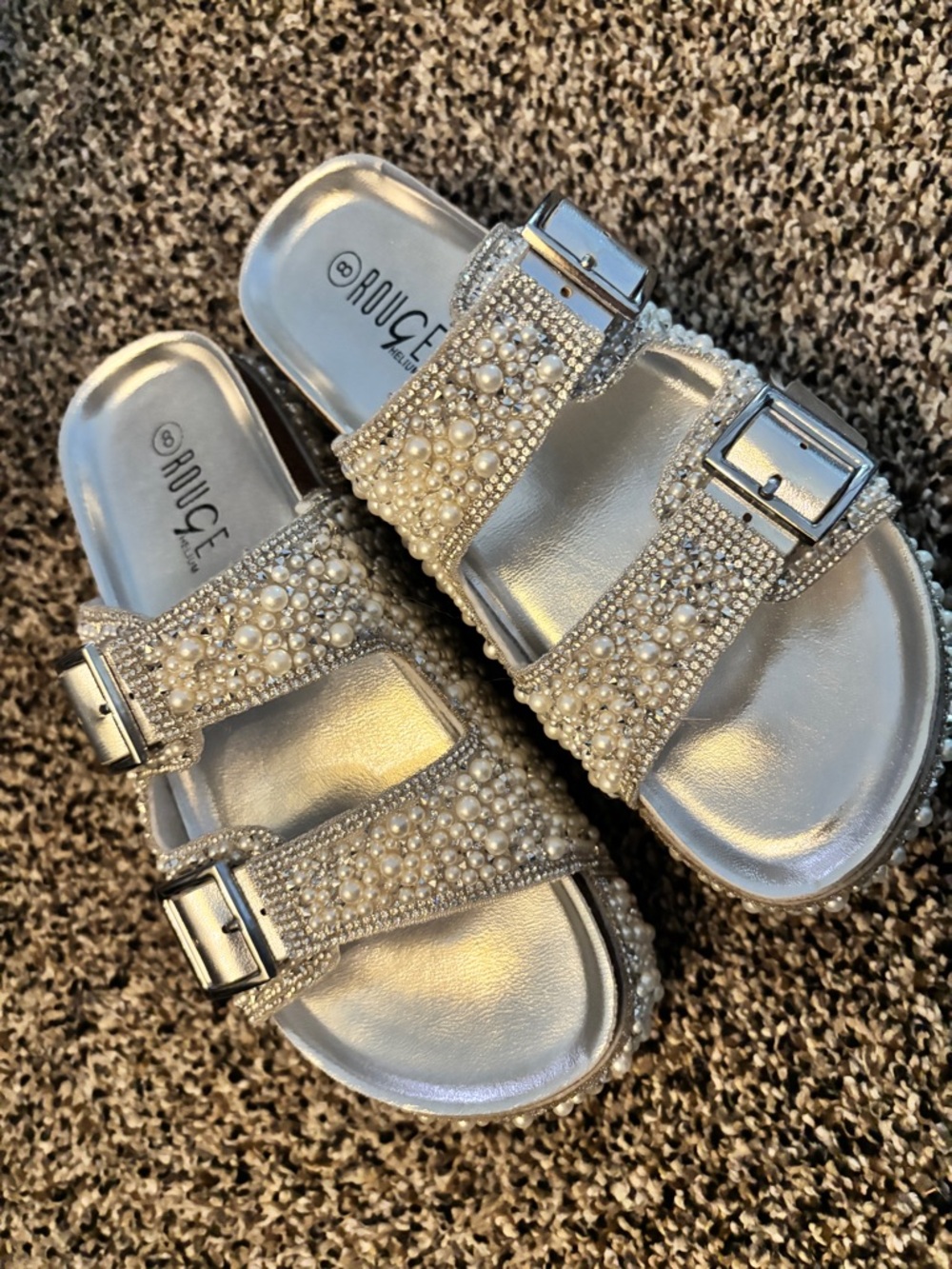Pearl-Embellished Double Buckle Slide Sandals Bride Bachelorette wedding shoes - Picture 2 of 3